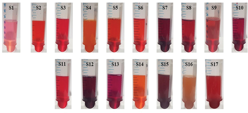 Figure 1. Pigments extracted from natural sources. 30ml of all samples were prepared in a 50ml conical tube (Φ 3cm) each. The absorbance at 535 nm of all of them is adjusted to 0.700.