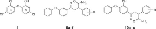 Figure 1 Design of triclosan (1) mimic diphenyl ether derivatives (5a–f and 10a–c).