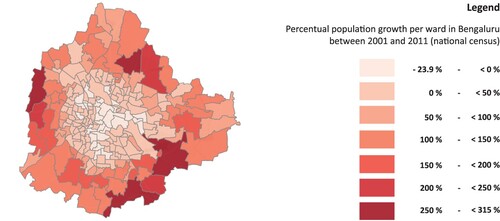 Figure 1. Urbanization in Bengaluru: population growth per ward (2011 census data). Source of data: District Census Handbook Bangalore (Directorate of census operations Karnataka, 2014).