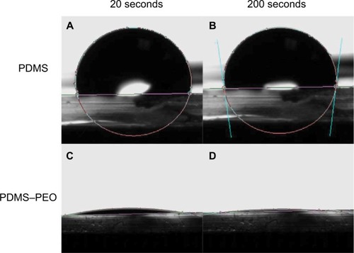 Figure 3 Water contact angle images of treated and untreated PDMS. (A) 103.3° at 20 seconds on PDMS, (B) 97.7° at 200 seconds on PDMS, (C) 8.2° at 20 seconds on PDMS–PEO, and (D) 3.9° at 200 seconds on PDMS–PEO. Images displayed that the PEO additive significantly altered the PDMS surface wettability.