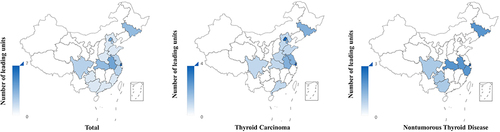Figure 5 Geographical distribution of thyroid diseases drug clinical trials and leading units in China, 2009–2022.