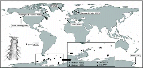 Figure 1. Positions of all the worldwide records of Axiokebuita extracted from the literature, and newly collected material from Iceland (BIOICE cruise), Spain (DIVA–Artabria II cruise), SE Pacific (ALVIN dive) and Antarctica (BENTART–06 cruise). The boxed area is represented at a larger scale showing in detail the positions in the northwest Antarctic littoral. Encircled dot and triangle show positions of the type localities of A. millsi and A. minuta, respectively.