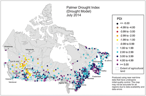 Figure 1. Palmer Drought Index for July 2014. Prepared by Agriculture and Agri-Food Canada’s National Agroclimate Information Service (NAIS). Data are provided through partnership with Environment Canada. The original version of the NAIS Drought Model was supplied by Alberta Agriculture and Rural Development, which partners with NAIS to foster ongoing development. Created 5 August 2014. Map obtained 26 August 2014, from http://www.agr.gc.ca/drought (Agriculture and Agri-Food Canada 2014, with permission).