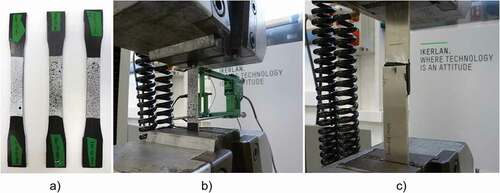 Figure 4. (a) Dumbbell specimens, (b) setup of the tensile tests and (c) lap-shear tests.