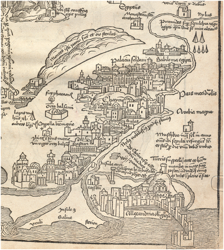 Figure 11. Nile Delta, detail of the Holy Land map by Erhard Reuwich in Bernhard von Breydenbach’s Peregrinatio in Terram Sanctam (Mainz, 1486). BSB München: 2 Inc.c.a. 1725, fol. 131r. urn:nbn:de:bvb:12-bsb00051697-6. © [BSB München]. Reproduced by permission of the Bayerische Staatsbibliothek München.