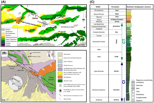 Figure 1. (A) Simplified geological map of the southern Atlas foreland in Tunisia (Gharbi et al., Citation2014). (B) Morphotectonic map of the Gafsa area derived from SPOT 5 satellite images analysis and field reconnaissance (Said et al., Citation2011). Cross-cutting striations recorded on the Gafsa Fault plane indicate the transpressional stress regime. (C) Stratigraphic column of the Mesozoic and Cenozoic series around Gafsa city showing the main hydrostratigraphic units (Gharbi et al., Citation2014).