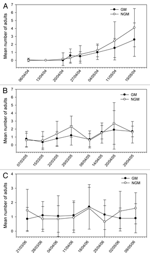 Figure 5. Mean number of adults of Diabrotica speciosa sampled in plant canopy of genetically modified (GM) and non-genetically modified common bean plants (NGM), in 2 m of row, in eight sampling dates in 2004 (A), 2005 (B), and 2006 (C). Asterisk in the specific sample date indicates that treatments are significantly different (Tukey’s test of transformed data using x+1; P < 0.05).