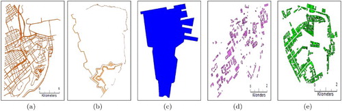 Figure 3. Various semantic layers related to Quebec City (Canada): (a) road network, (b) old city wall, (c) marina, (d) governmental buildings, and (e) houses.