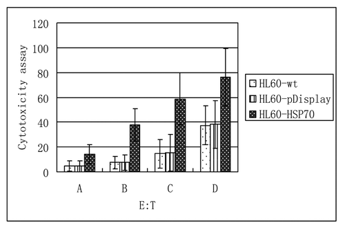 Figure 6. The inhibiting activity on HL60 cells by CTL cells (at the different ratio of E:t = .A (10:1), B (20:1), C (40:1), D (80:1)). The inhibiting activity of CTLs on HL-60 cells in the group of HSP70-transfected HL-60 cells was more significant, in comparison to that of wild-type HL-60 cells and pDisplay–transfected ones. And with the increase of the ratio from 10:1 to 80:1, the inhibiting activity of CTL in the HSP70-HL60 group was rising. p < 0.05.