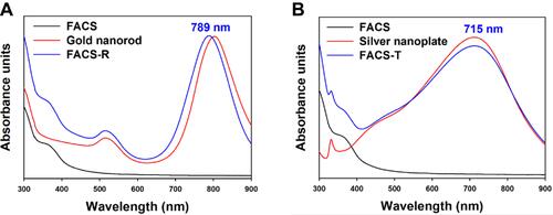 Figure 1 UV-visible spectra. (A) The red line indicates the SPR of gold nanorods and the blue line displays the SPR of FACS-R. (B) The red line indicates the SPR of triangular silver nanoplates and the blue line displays the SPR of FACS-T. The black lines indicate the absorbance of FA-CS.