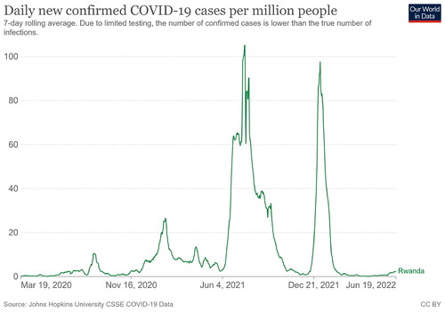 Figure A1. Confirmed cases of COVID-19 per million people in Rwanda. Source: Our world in data 2021.
