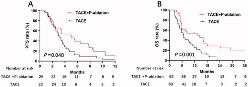 Figure 4. Kaplan–Meier curves for (A) progression-free survival (PFS) and (B) overall survival (OS) in 59 patients with tumor size no more than 7 cm and portal vein tumor thrombus (PVTT), January 2012 to December 2017. PFS and OS rates for the group of 26 patients who had transarterial chemoembolization (TACE) + palliative (P)-ablation (microwave ablation [MWA] and/or radiofrequency ablation [RFA]) were significantly higher than for the group of 33 patients who had only TACE (p = .048 and p = .001, respectively).