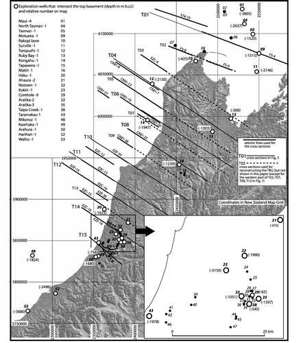 Figure 2 Location map of exploration wells drilled in the study area. In bold are the listed wells that intersect the TBU with relative depth of intersection (b.s.l.) in brackets. See Table 1 for the complete list of wells and the intersected basement lithology. Also shown are the traces of the seismic lines interpreted and depth converted for the analysis (all subsurface data from http://www.nzpam.govt.nz) and the traces of the cross-sections constructed for defining the TBU (cross-sections T01, T04, T08, T10, T11, T12, T14 and T15 are shown in Fig. 3). Digital elevation model (DEM) from http://srtm.csi.cgiar.org.