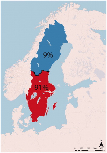 Figure 1. Map of Sweden with percentage of the population in the North and the South.