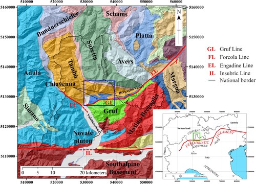 Figure 2. Tectonic scheme of the Lepontine-Rhaetian Central Alps with main tectonic lineaments (redrawn after CitationBigi et al. (1990); Swiss DTM taken from: https://data.opendataportal.at/dataset/dtm-switzerland – Author: Sonny). Blue square indicates the study area.