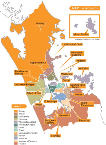 Figure 1. Map of Auckland Region, wards and local areas. Source: Figure reproduced from AC (Citation2012).