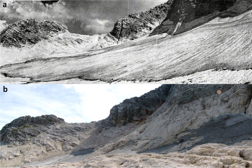 Figure 2. (a) Photo of Canin Eastern glacier made in 1948 by Dino di Colbertaldo, and (b) in 2012.
