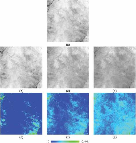 Figure 7. Transmission maps used in TDCP and the proposed method and their difference maps: (a) transmission map in TDCP, (b)–(d) transmission maps in the proposed method, (e)–(g) difference maps between (b)–(d) and (a).