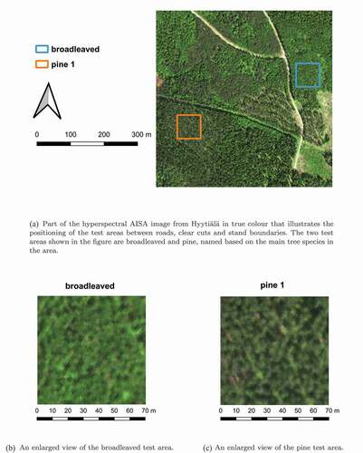 Figure 2. The hyperspectral AISA image was used to determine suitable forest areas for our test areas, which had a size of 70m×70m.