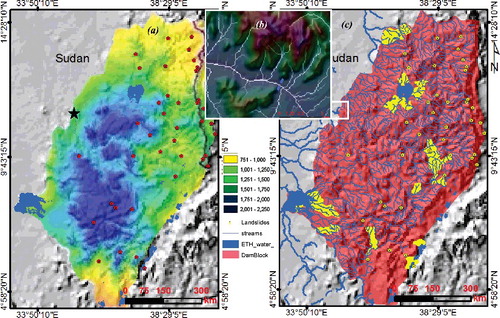Figure 6. Maps of annual rainfall in mm of the Nubian Block (a), zoom of stream network simulation from DEM for the GERD site (b), and river systems of the Nubian Block of Ethiopia (c). These are draped over DEM. The yellow and red points highlight the landslide locations and yellow polygons in (c) highlight the location of flash flood areas. (To view this figure in colour, see the online version of the journal.)