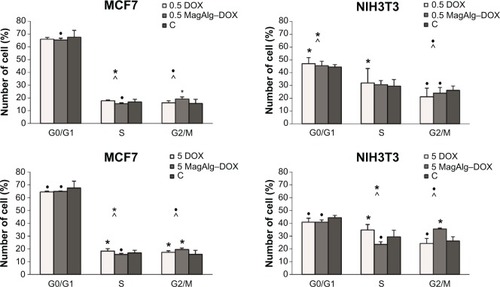 Figure 5 The influence of DOX and MagAlg–DOX nanocarrier in concentration of 5 μM, 0.5 μM, and 0 μM on cell cycle of MCF7 and NIH3T3 cell lines.Notes: Data represent mean and standard error from three independent measurements. Positive (*) and negative (•) significance were determined using χ2 test with Bonferroni correction for multiple comparisons, and the method of adjusted residuals.Abbreviation: DOX, doxorubicin.