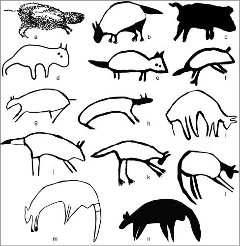Figure 7. Quadruped depictions, some representing Tasmanian devil (a–f) and others less diagnostic (j–n), possibly Northern quoll (j,k).