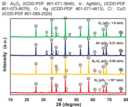 Figure 10. XRD patterns of the alumina containing 5 wt.% of the CuO–TiO2–Nb2O5–Ag2O sintering aids fired at 900°C for 2 h under different firing atmospheres.