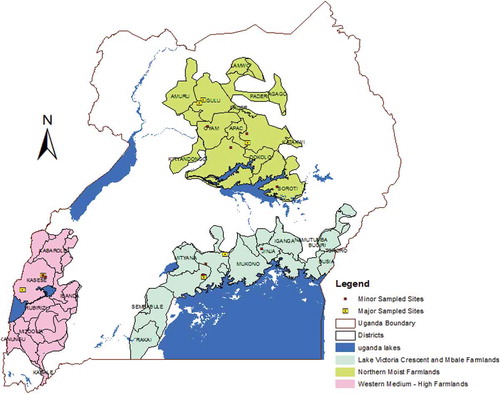 Figure 1. The location of the three Agro ecological zones in Uganda and the sampling sites. Major sites are areas where intensive systematic random collection of fruit hosts was undertaken, while minor sites are areas where selected important fruits were sampled randomly over the period of 2 years.