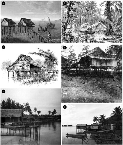 Figure 4. Stilt houses around Raja Ampat: (a) settlement on the north coast of Waigeo illustrated by Friedrich Schroeder and J. Arago during voyage of the corvettes S.M. l‘Uranie and S.M. la Physicienne; (b) houses in Mayalibit Bay, illustrated during the cruise of the Marchesa in 1883; (c) house on the south coast of Waigeo, illustrated during the same voyage; (d) probably Lamlam or Missigit on the north coast of Waigeo, photographed in 1917 by crew of the SMS Wolf, a German armed merchant raider; (e) houses on the Waigeo coast, c. 1920; (f) Wawiyai village, Kabui Bay, Waigeo 2018.Footnote53