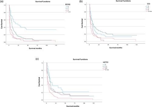 Figure 2. Effect of predictive scores on overall survival (OS) of AML patients. (A) ECOG core predicted overall survival as depicted by means of Kaplan-Mayer analysis, with patients with an ECOG score of 0 showing a significantly better median OS as compared to all other scores. (B) Likewise, CCI predicted overall survival, with higher CCI scores being associated with shorter median OS. (C) Thirdly, in the population analyzed here, HCT-CI correlated with OS as well. Median OS was best for HCT-CI of 0 and was shortest for HCT-CI of 5 or above.