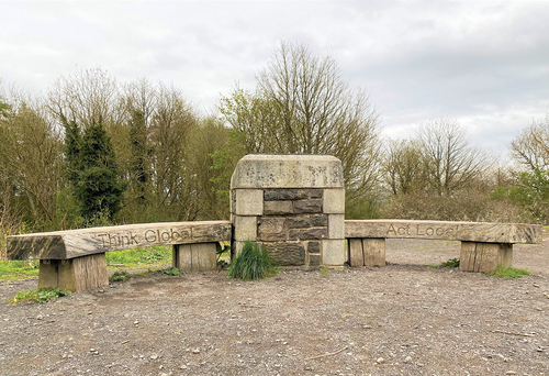 Figure 9. Bench on summit of Kinnoull Hill with the phrase ‘Think global, act local’.