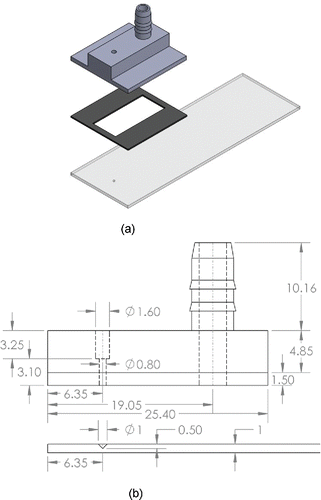 Figure 1. (a) 3D assembly of the µ-well collector used in the experiment and (b) drawing of the collector with AF inlet used in the study (unit: mm).