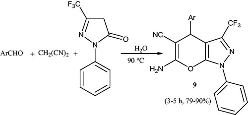 Scheme 10. Catalyst-free synthesis of 6-amino-4-aryl-3-(trifluoromethyl)-1,4-dihydro-1-phenylpyrano[2,3-c]pyrazole-5-carbonitriles in aqueous media.