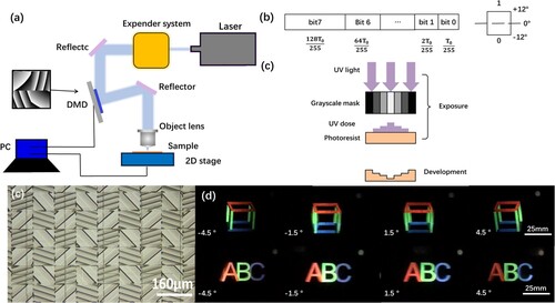 Figure 7. (a) Schematic of 3D laser direct writing. (b) Pulse width modulation based on 8-bit planes. (c) Fabrication procedure based on grayscale mask exposure. Reproduced with permission [Citation100]. Copyright 2017, MDPI. (d) Micrograph of the intertwined flat lens on the light field modulator. (e) Reconstructions of 3D images of ‘ABC' and cube. Reproduced with permission [Citation2]. Copyright 2022, Optica Publishing Group.