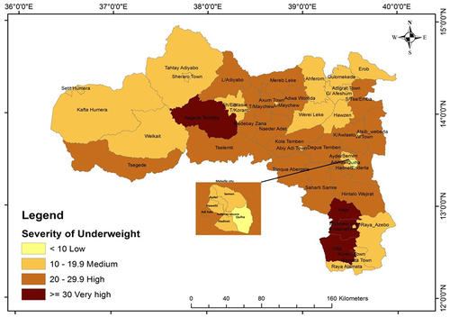 Figure 4 Woreda level severity of underweight among 6–59 month old children.