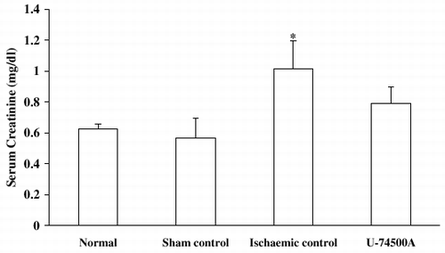 Figure 2. Effect of U-74500A on serum creatinine in rats subjected to ischaemia-reperfusion. Values expressed as mean ± SEM. *p<0.05 as compared to sham control group, **p<0.05 as compared to ischemic control group (One-way ANOVA followed by Dunnett's test).