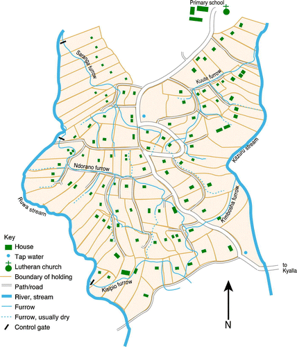 Fig. 4.  The Kisu area, Komalyangoe village (sketch map 1996, not to scale).