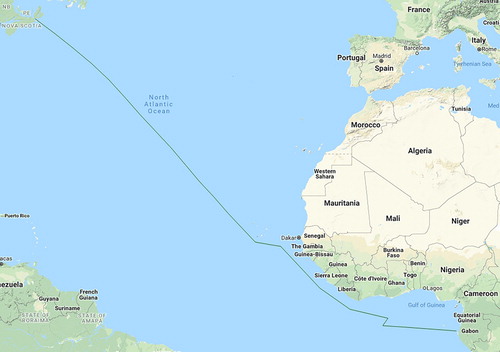 Figure 12. Route between Cape Lopez (Gabon) and Point Tupper (Canada). (This figure is available in colour online.)