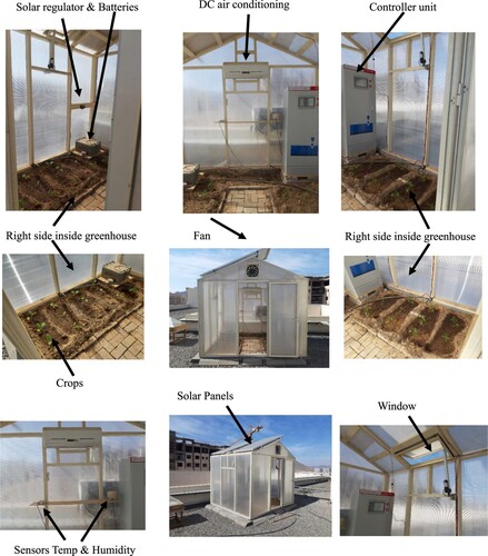 Figure. 5. Different parts inside the greenhouse (solar regulator, window, pumps, sensors, fan and DC air conditioning) and general view of the greenhouse with solar panels.