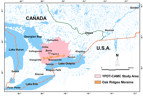 Figure 1. Oak Ridges Moraine Hydrogeology Program (YPDT-CAMC) study area (York, Peel Durham Toronto [YPDT]-Conservation Authorities Moraine Coalition [CAMC]). The small rectangular box in the center of the study area shows the map area for Figure 2.