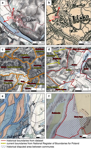 Figure 3. Examples of administrative boundary vectorization based on archival maps. (a) Second military survey map (1:28,800) with cadastral commune boundaries, CmC; (b) administrative map (1:115,200) with cadastral commune boundaries, CmC; (c) boundaries with no changes; (d) change connected to urban expansion; (e) no boundary symbol in the riverbed; (f) explanation of the lack of a boundary symbol in the riverbed based on a cadastral map (1:2880) due to disputed area between the communes. Source: The Authors.