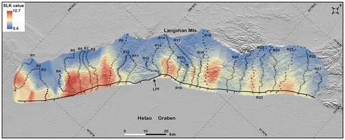 Figure 9. Map view of SLK values of the study area interpolated using the Kriging method (Pérez-Peña et al., Citation2009b).Notes: High values are mostly concentrated near the catchment outlets, demonstrating the landscape topography affected by the active deformation along the Langshan range front and piedmont.