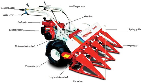 Figure 1. Labeled pictorial view of the Yanmar YAP 120 mechanized rice reaper