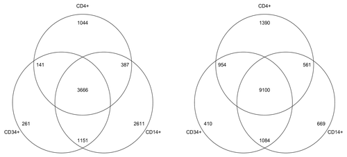 Figure 3. For each cell type (CD14+,CD4+ and CD34+) we called differences between each one and the buccal 450K and calculated the number of regions that were hypomethylated in buccal (right Venn diagram) and those that were hypomethylated in each of the cell type (left Venn diagram). The Buccal cells consistently contained more hypomethylated regions than that of the other cell types.