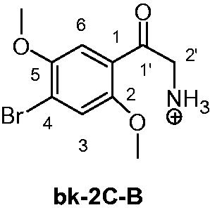 Figure 10. Chemical structure and numbering of 2′-ammonium-1-(4-bromo-2,5-dimethoxyphenyl)ethan-1-one (bk-2C-B).