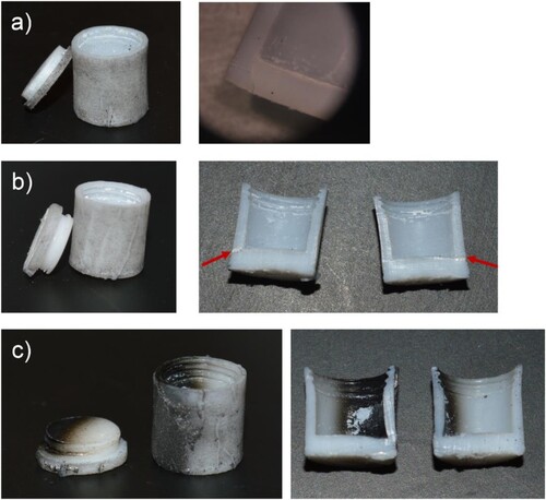 Figure 10. Photographs of Teflon capsules after runs at conditions close or beyond their failure. (a) thin-walled capsule with a pronounced crack at the wall/bottom boundary after 480 t (∼4.5 GPa), 350°C, 6 h; (b) reinforced capsule with crack (marked with arrows) after 824 t (∼6.5 GPa), 290° C, 7 h. (c) reinforced capsule partially carbonized (but staying tight) after 607 t (∼5.4 GPa), 400°C, 7 h.