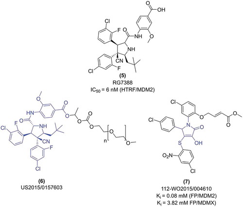 Figure 2. Structure and in vitro activity of exemplary MDM2 inhibitors based on 5 membered ring: pyrrolidine and pyrrole scaffolds. The IC50 value for RG7388 was is from [Citation28].