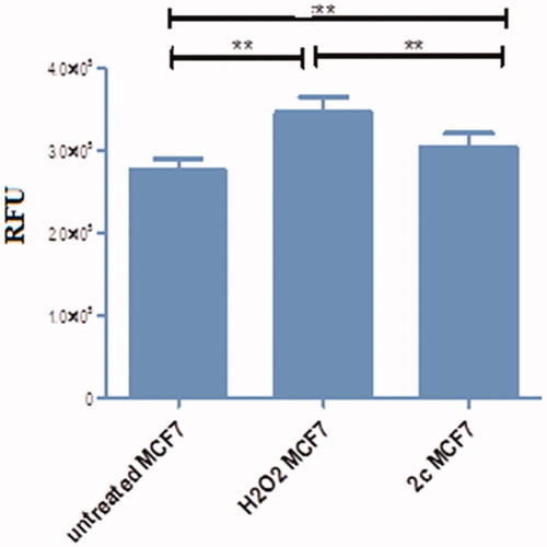 Figure 7. Graphical representation to show the increase of intercellular ROS in 2c treated MCF-7 cells compared to H2O2 treated MCF-7 and untreated MCF-7 cells. ROS content was reported as relative fluorescence units (RFU).