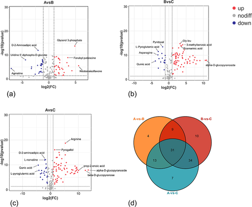 Figure 6. Screening of differential metabolites in pepino fruits during growth. (a) volcano plot of differential metabolite at a vs B stage; (b) volcano plot of differential metabolite at B vs C stage; (c) volcano plot of differential metabolite at a vs C stage; (d) venn plot of differential metabolites among three stages.