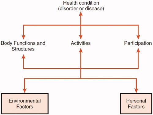 Figure 1. Flowchart showing the principal elements of analysis, assessment, and intervention based on the International Classification of Functioning, Disability and Health or model of ability [Citation30].